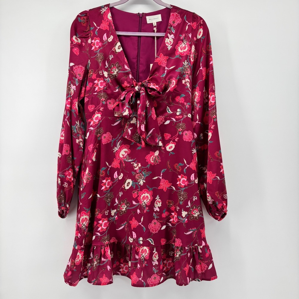 Melloday Womens Magenta Floral Tie Front Ruffle Hem Long Sleeve Mini Dress S